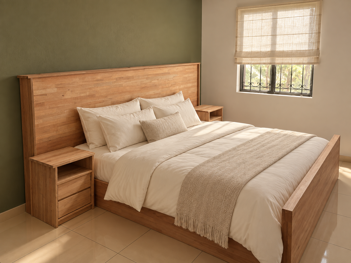 Custom timber bed and matching bedside tables with cream bedding, olive accent wall and beige Roman window shade
