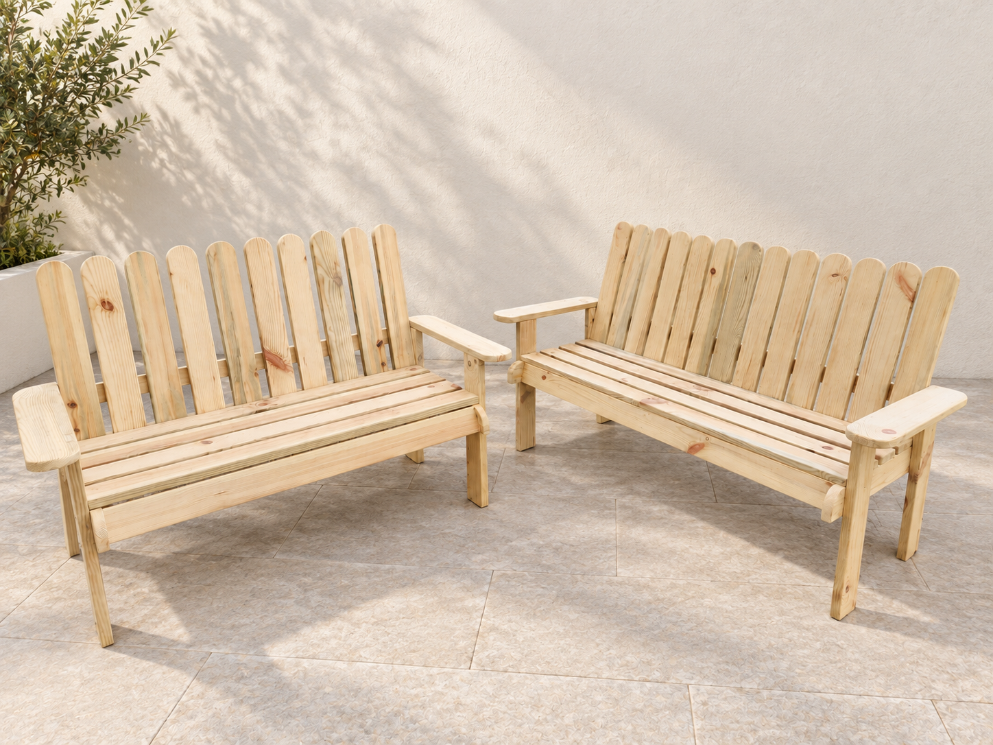 Two handcrafted garden benches in natural unfinished wood
