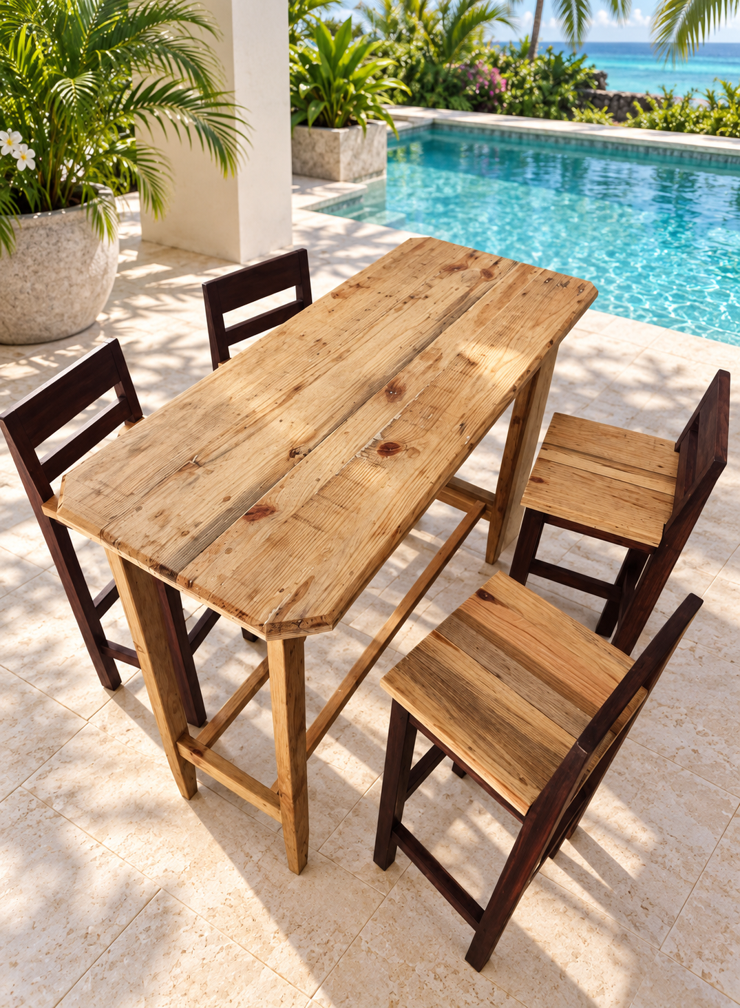 Timber dining table and four matching chairs on a terrace beside a swimming pool and tropical plants
