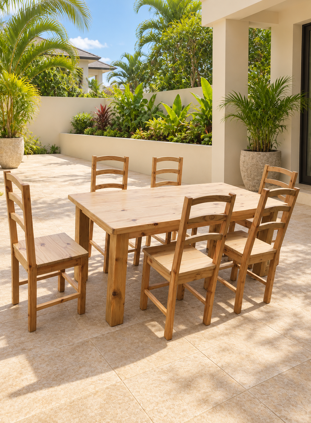 Natural wood dining table with six matching chairs on a bright outdoor terrace with tropical plants